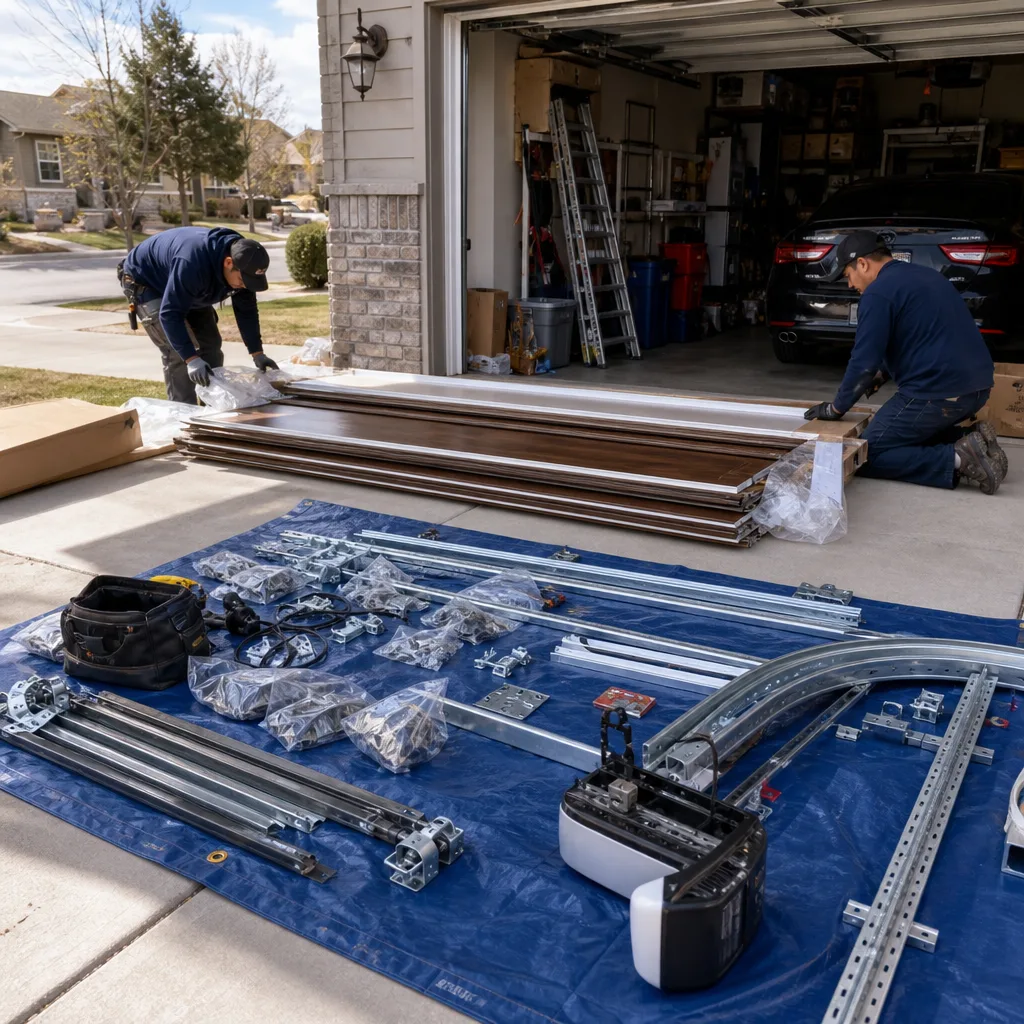 Two technicians preparing materials for a residential garage door installation