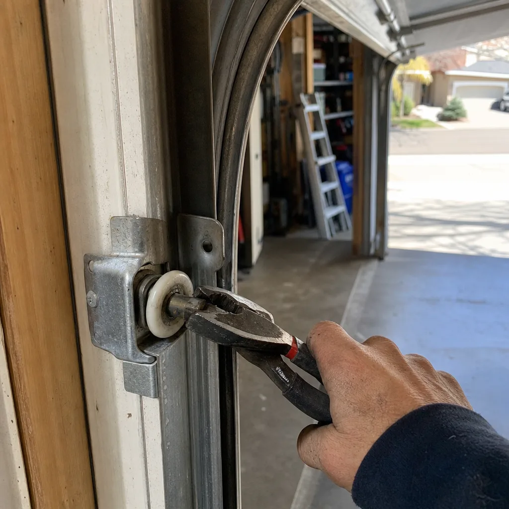 Technician repairing a garage door roller with pliers