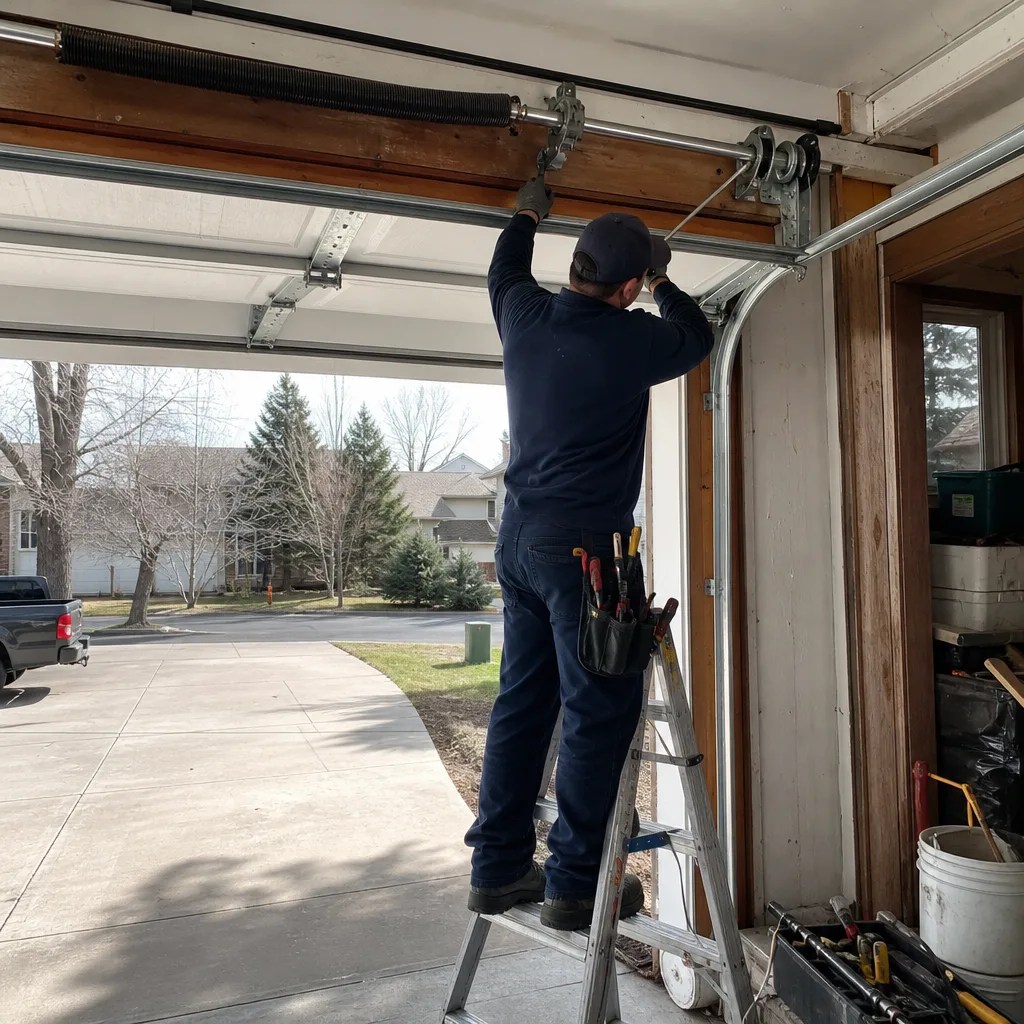 Technician performing professional garage door spring repair